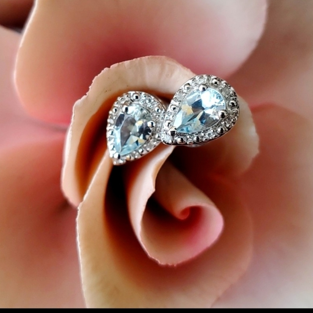 Aquamarine Gemstone and Diamond Accent Sterling Silver Stud Earrings
